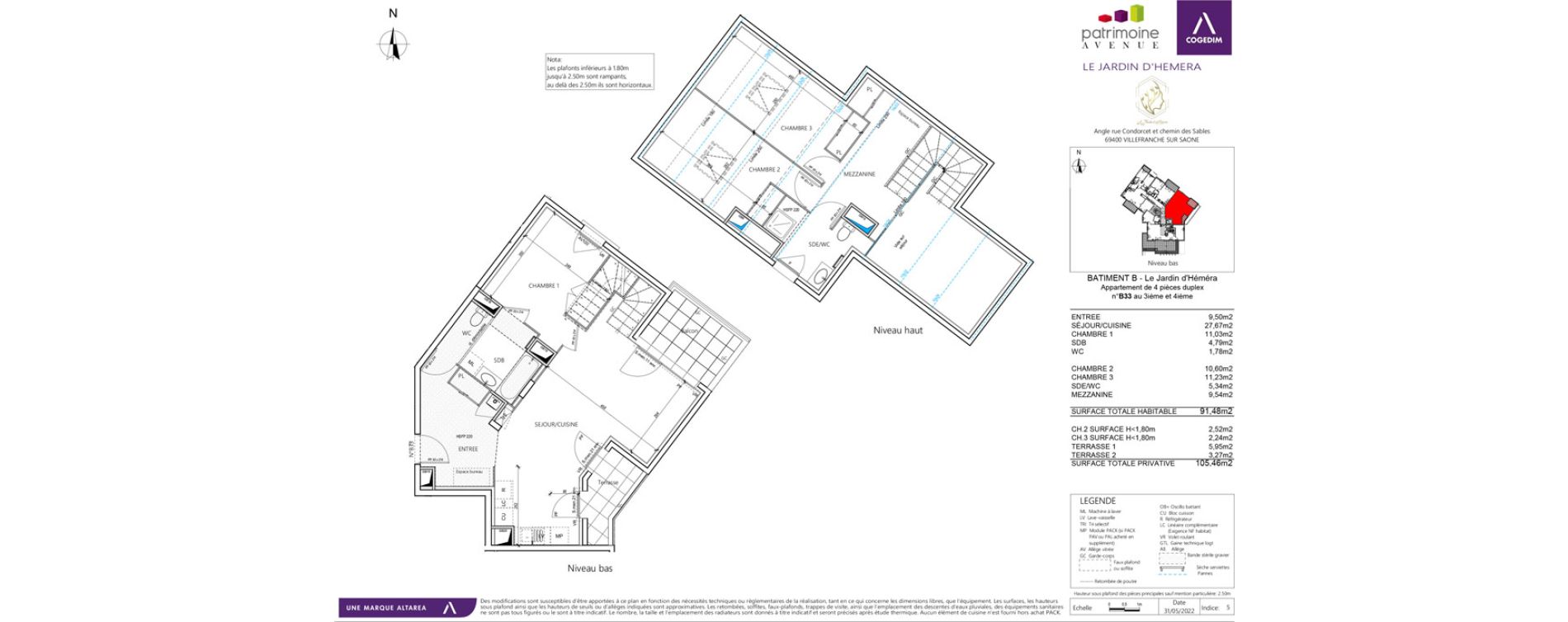 Duplex T4 de 91,48 m2 &agrave; Villefranche-Sur-Sa&ocirc;ne B&eacute;ligny