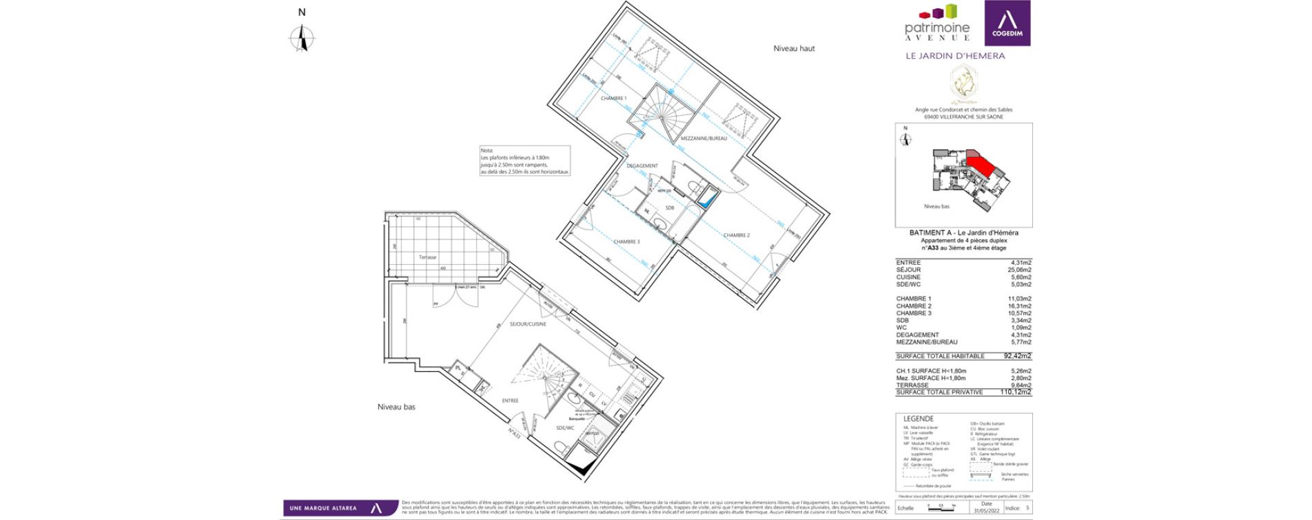 Duplex T4 de 92,42 m2 &agrave; Villefranche-Sur-Sa&ocirc;ne B&eacute;ligny