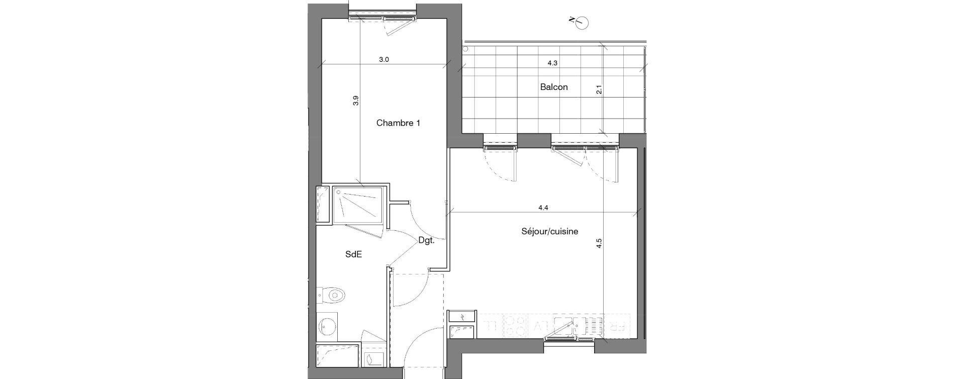 Appartement T2 de 42,87 m2 &agrave; Villeurbanne Cyprian - les brosses