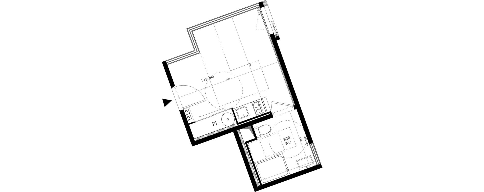 Appartement T1 meubl&eacute; de 21,24 m2 &agrave; Villeurbanne Lyontech - la doua