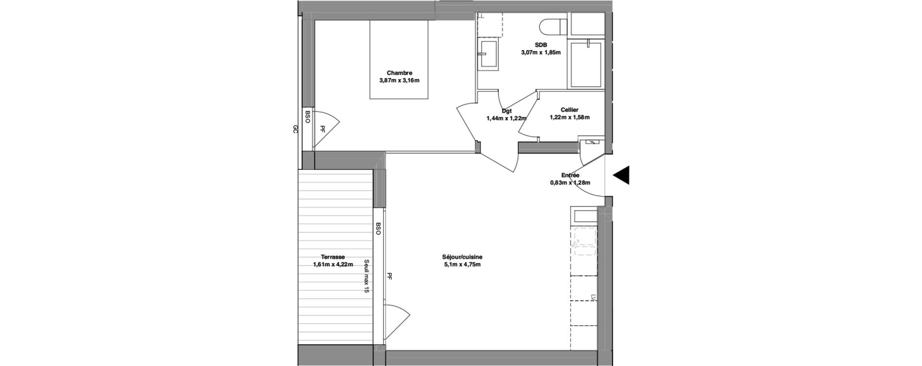 Appartement T2 de 45,09 m2 au Bourget-Du-Lac Centre