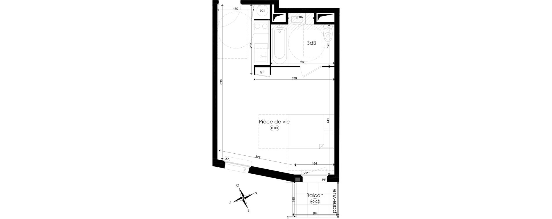Appartement T1 de 30,50 m2 &agrave; Chen&ocirc;ve Centre