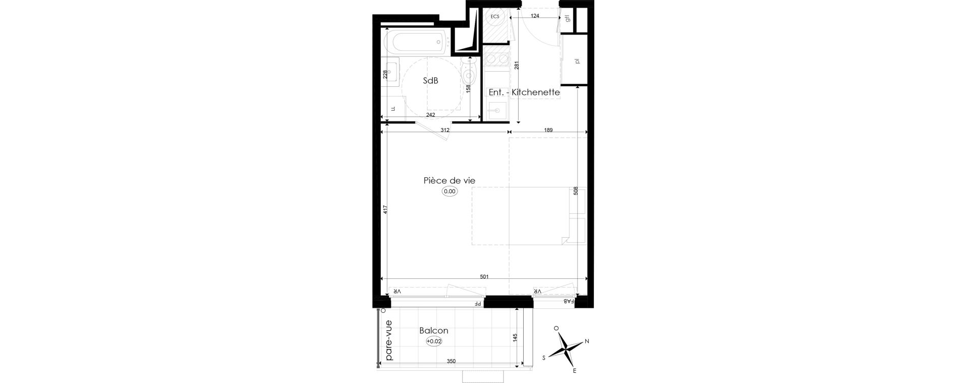 Appartement T1 de 32,75 m2 &agrave; Chen&ocirc;ve Centre