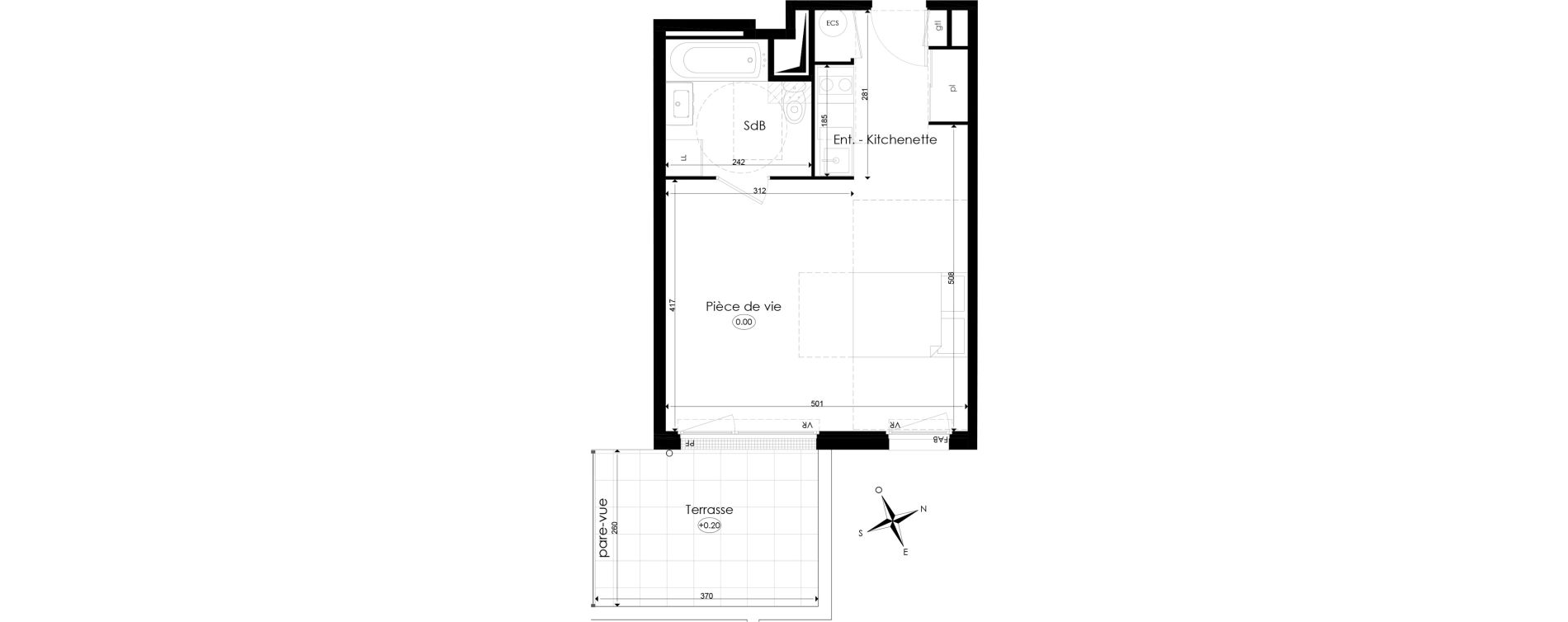 Appartement T1 de 32,75 m2 &agrave; Chen&ocirc;ve Centre