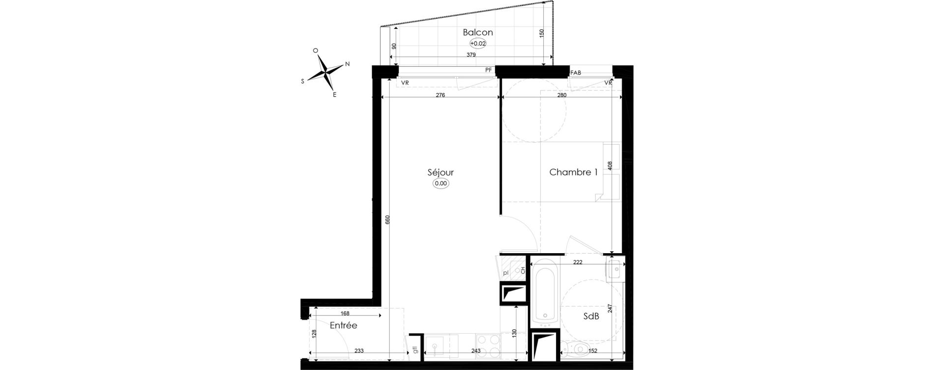 Appartement T2 de 37,43 m2 &agrave; Chen&ocirc;ve Centre