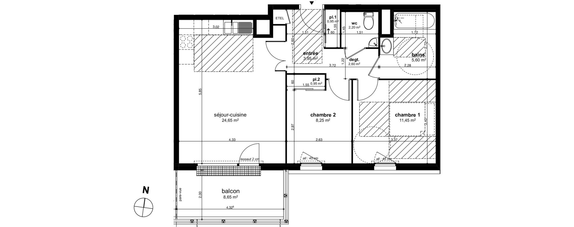 Appartement T3 de 60,60 m2 &agrave; Chen&ocirc;ve Centre