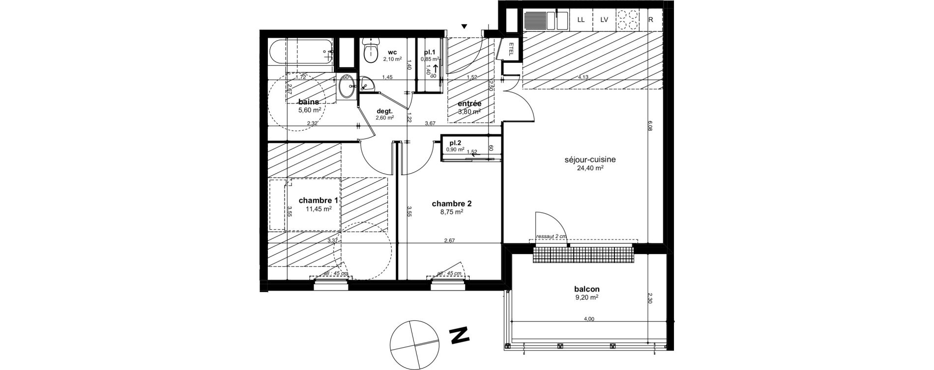 Appartement T3 de 60,45 m2 &agrave; Chen&ocirc;ve Centre
