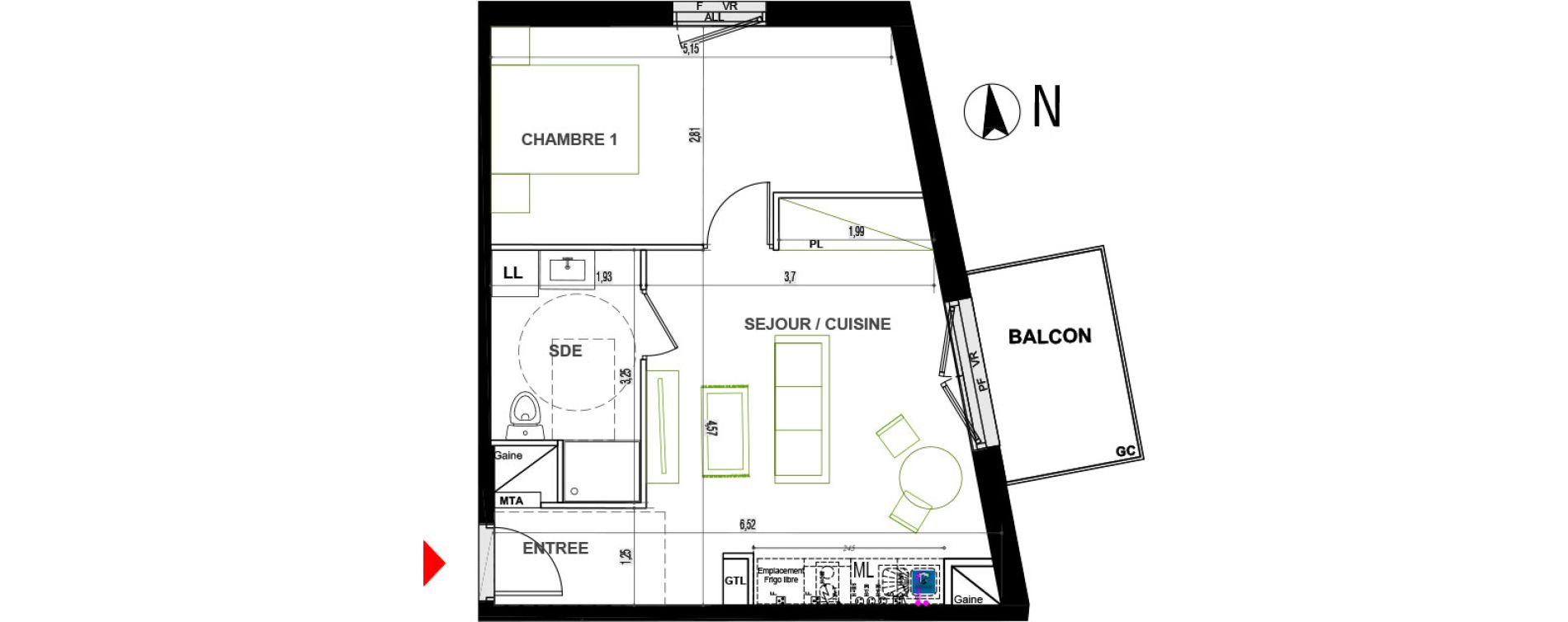 Appartement T2 de 40,50 m2 &agrave; Chen&ocirc;ve Centre