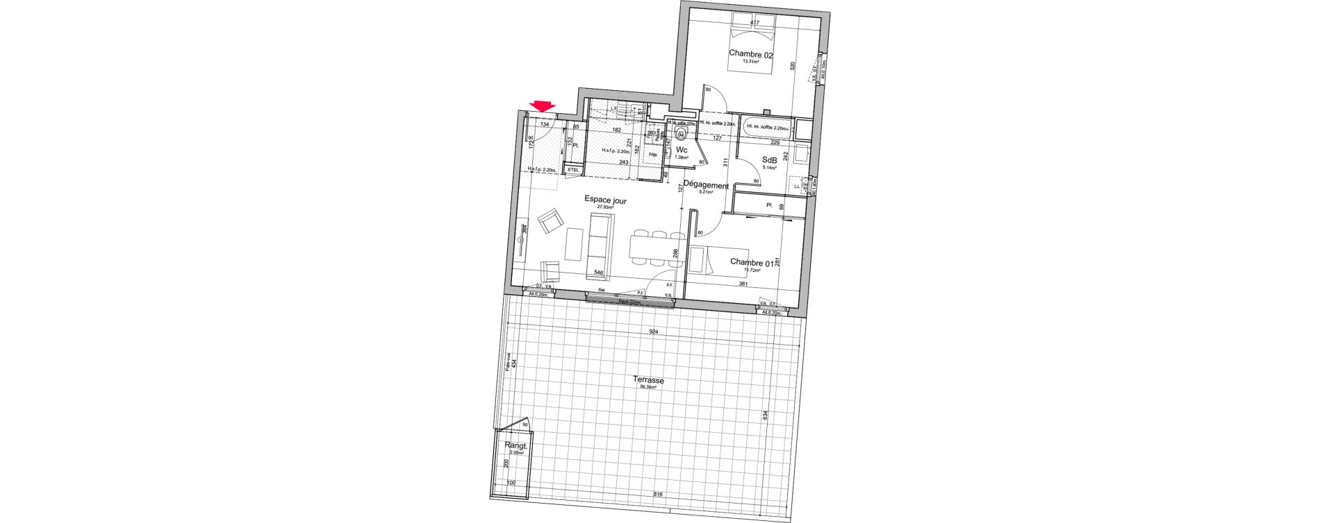 Appartement T3 de 64,69 m2 &agrave; Chen&ocirc;ve Centre