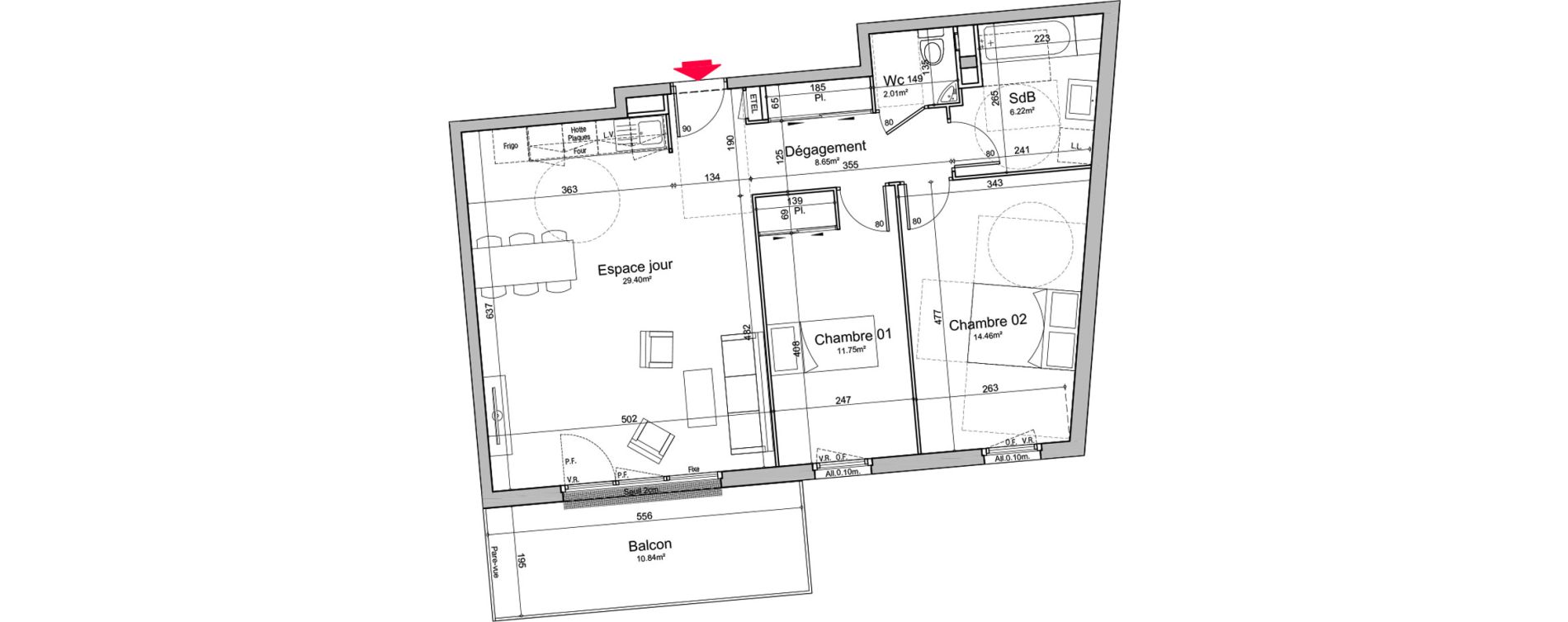 Appartement T3 de 72,49 m2 &agrave; Chen&ocirc;ve Centre
