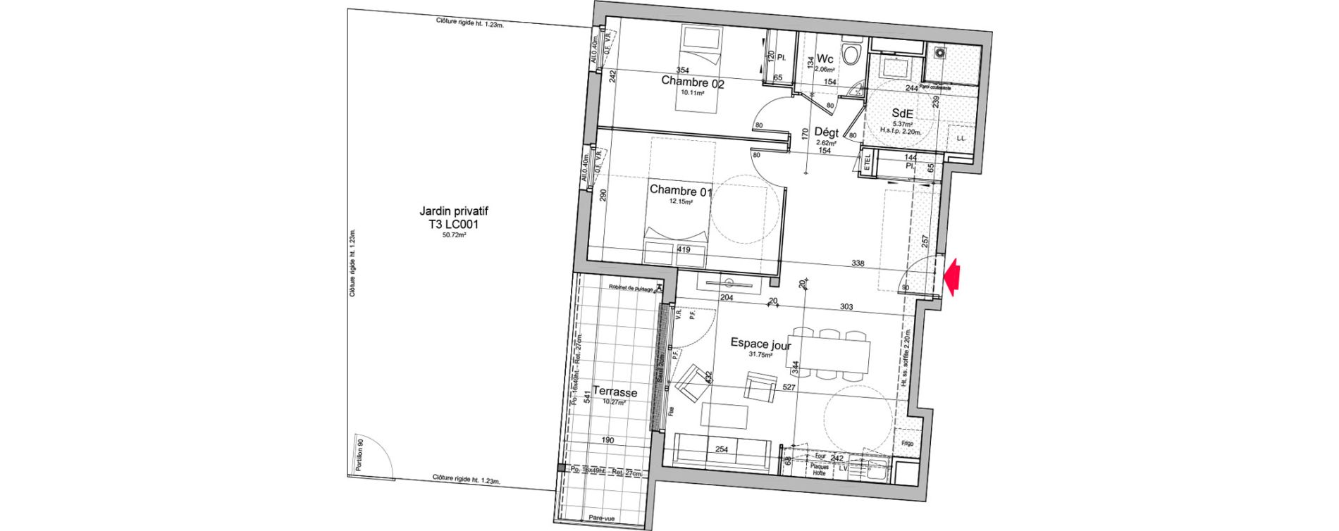 Appartement T3 de 64,06 m2 &agrave; Chen&ocirc;ve Centre