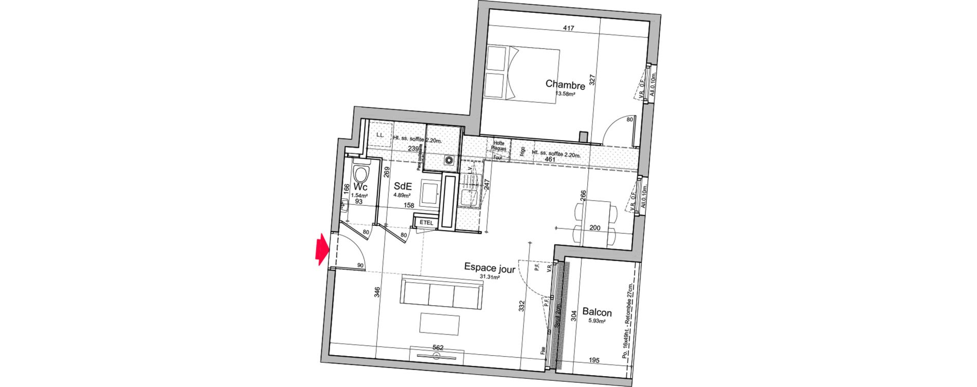 Appartement T2 de 51,32 m2 &agrave; Chen&ocirc;ve Centre