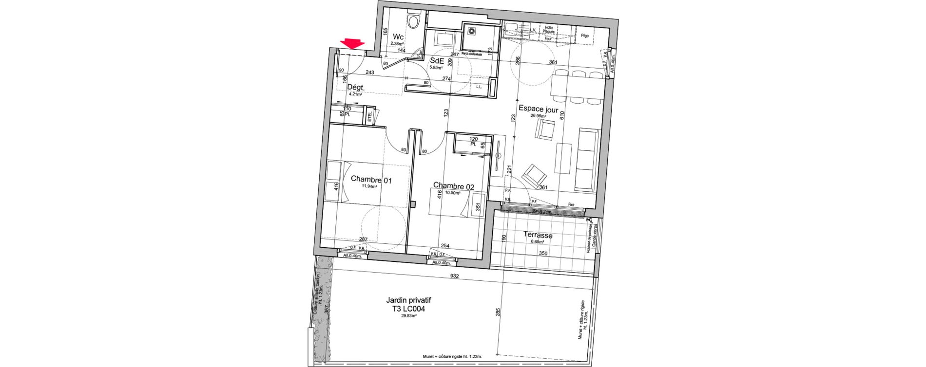 Appartement T3 de 61,83 m2 &agrave; Chen&ocirc;ve Centre