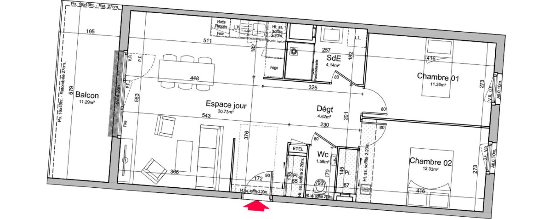 Appartement T3 de 64,76 m2 &agrave; Chen&ocirc;ve Centre
