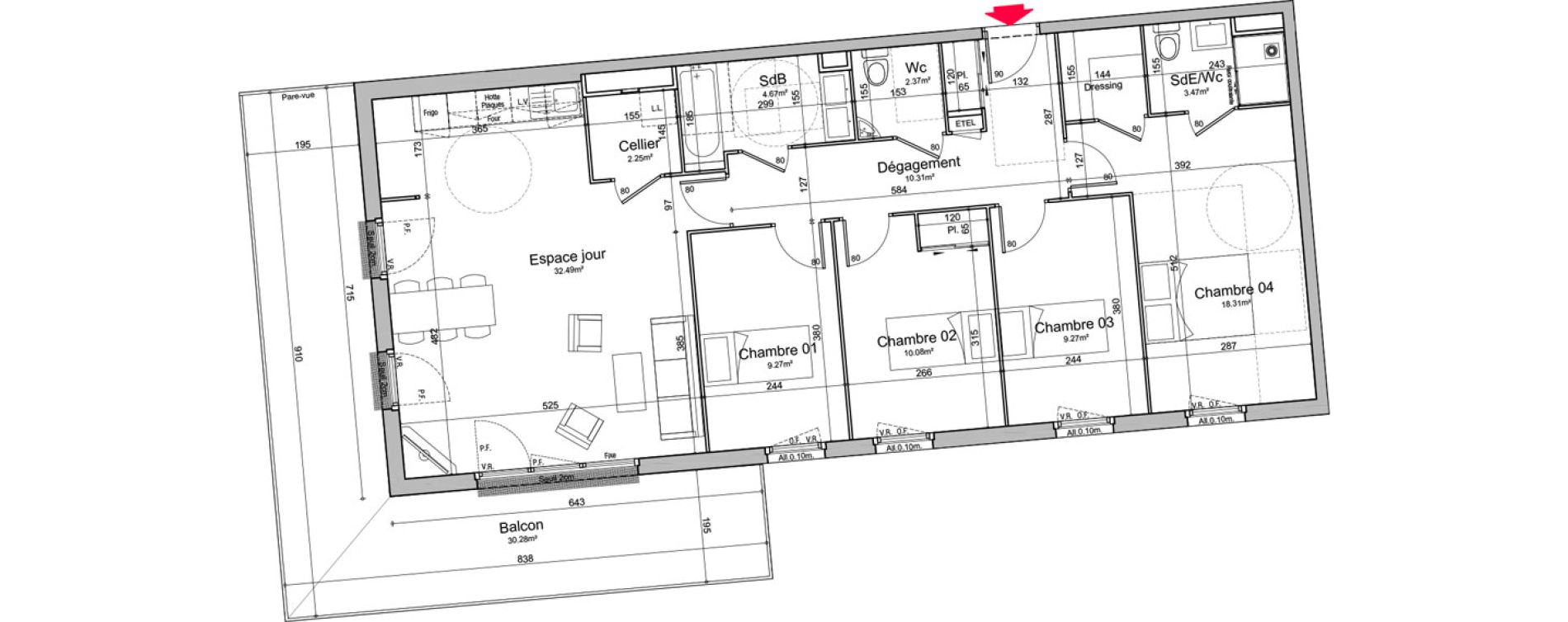 Appartement T5 de 102,49 m2 &agrave; Chen&ocirc;ve Centre