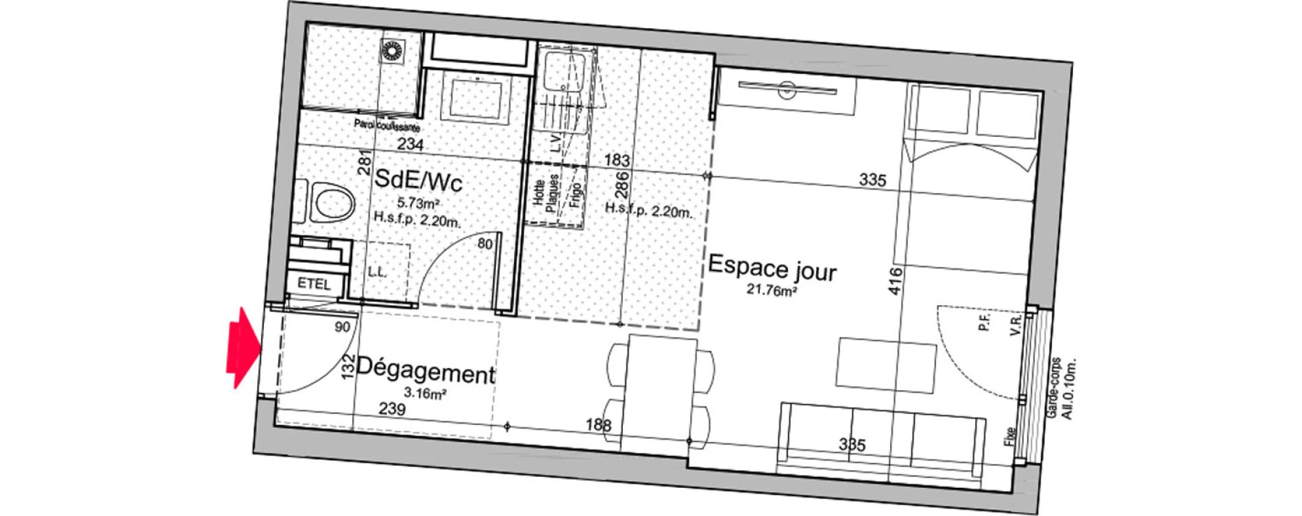 Appartement T1 de 30,65 m2 &agrave; Chen&ocirc;ve Centre