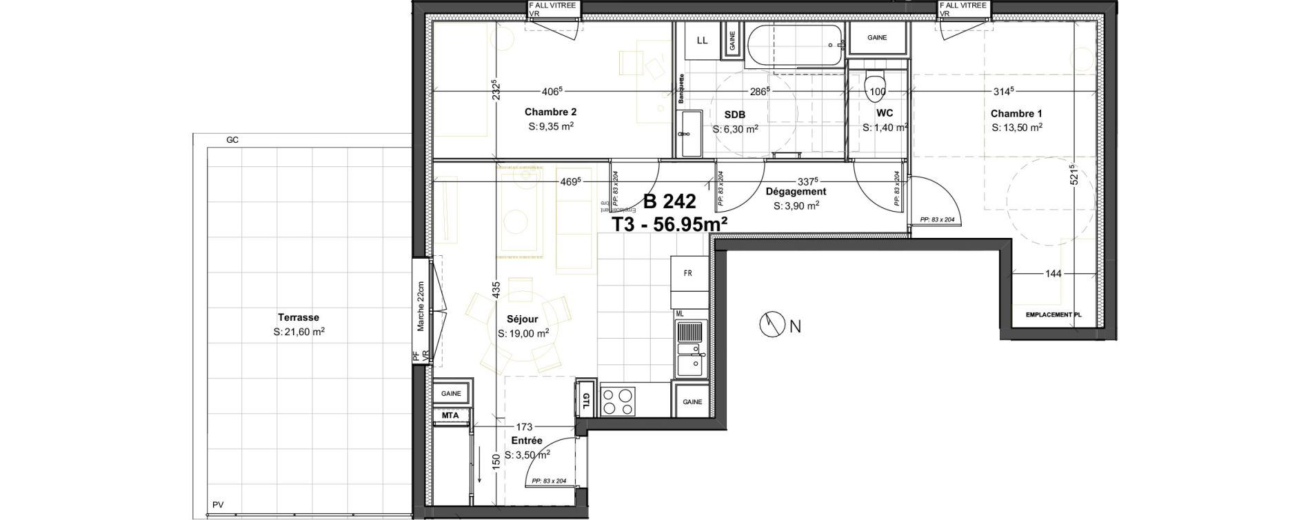 Appartement T3 de 57,00 m2 &agrave; Dijon Poussots