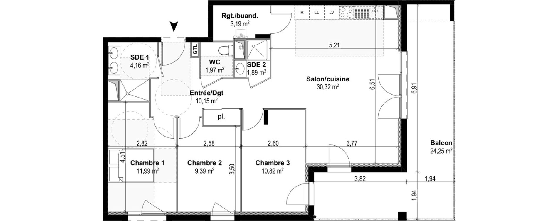 Appartement T4 de 83,88 m2 &agrave; M&acirc;con Centre