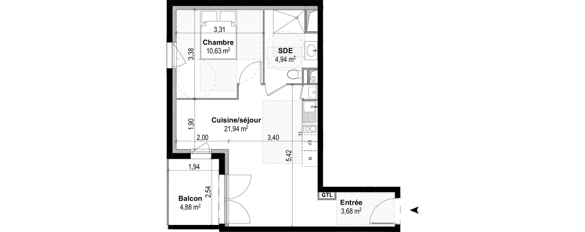 Appartement T2 de 41,19 m2 &agrave; M&acirc;con Centre