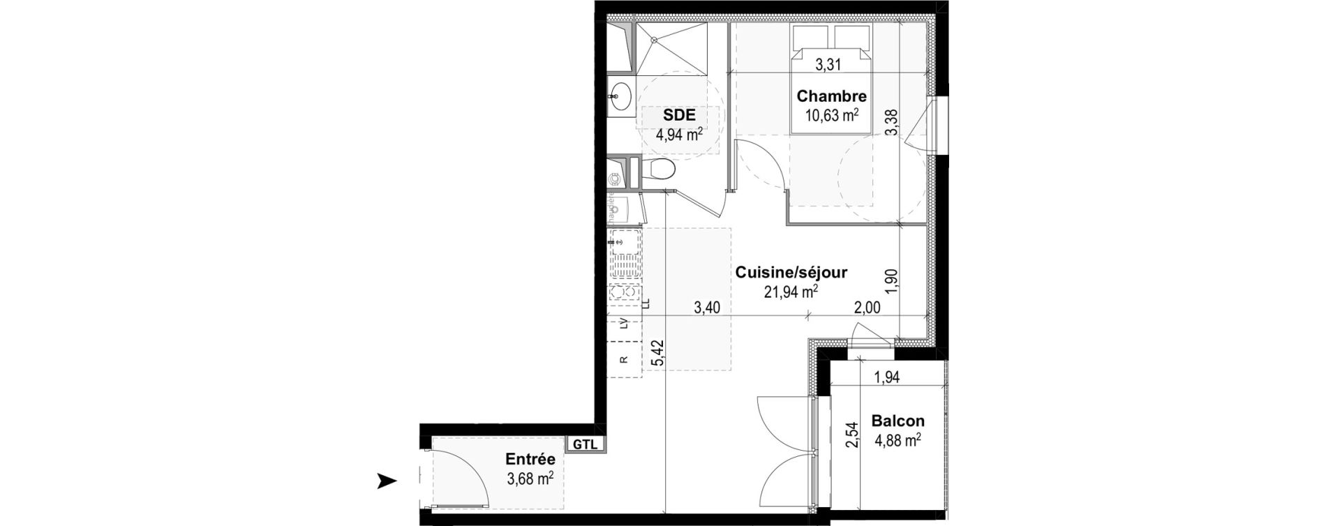 Appartement T2 de 41,19 m2 &agrave; M&acirc;con Centre