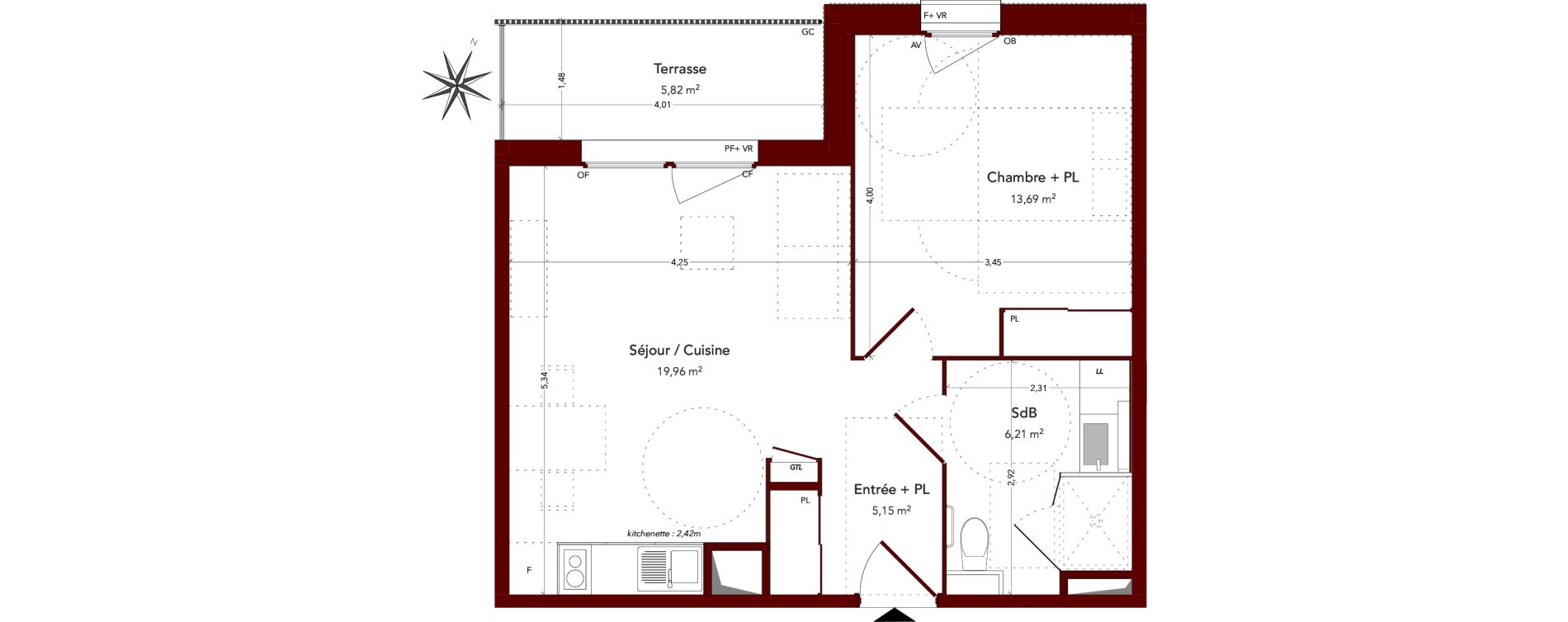 Appartement T2 meubl&eacute; de 45,01 m2 &agrave; Ploufragan Centre ville