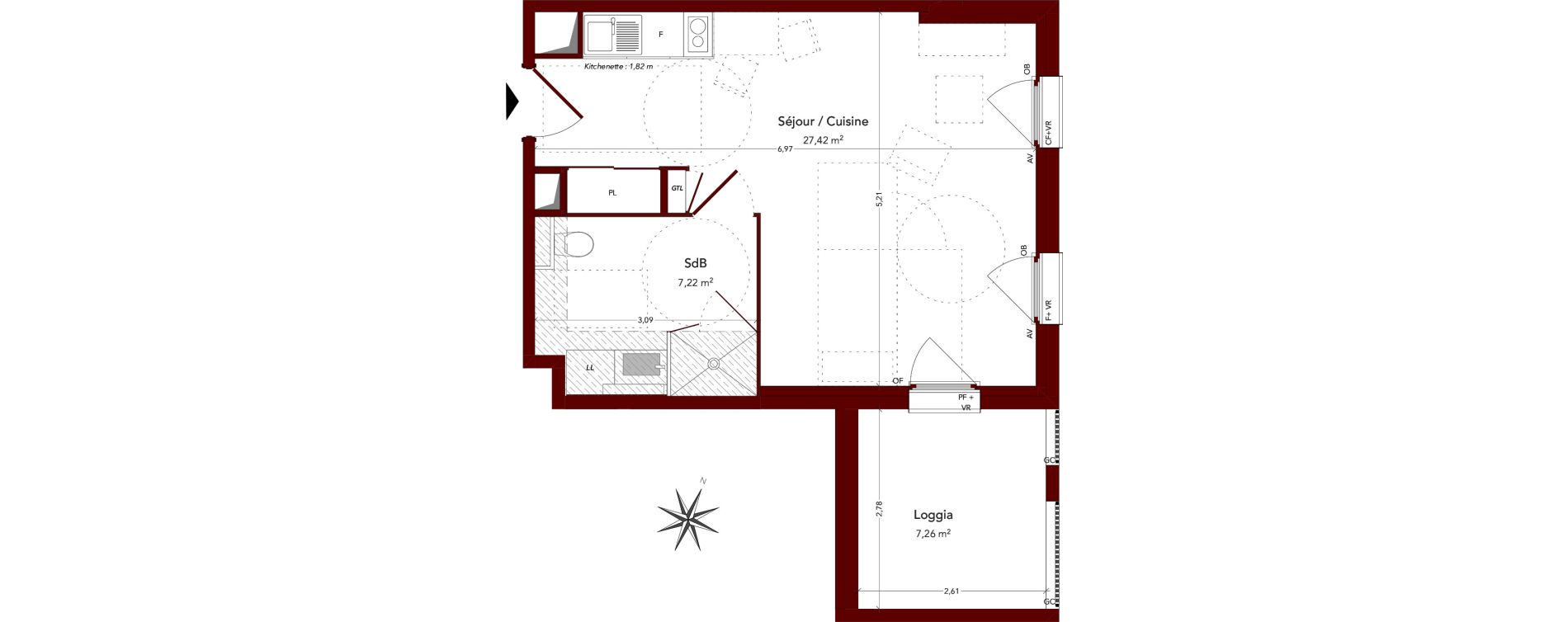 Appartement T1 meubl&eacute; de 34,64 m2 &agrave; Ploufragan Centre ville