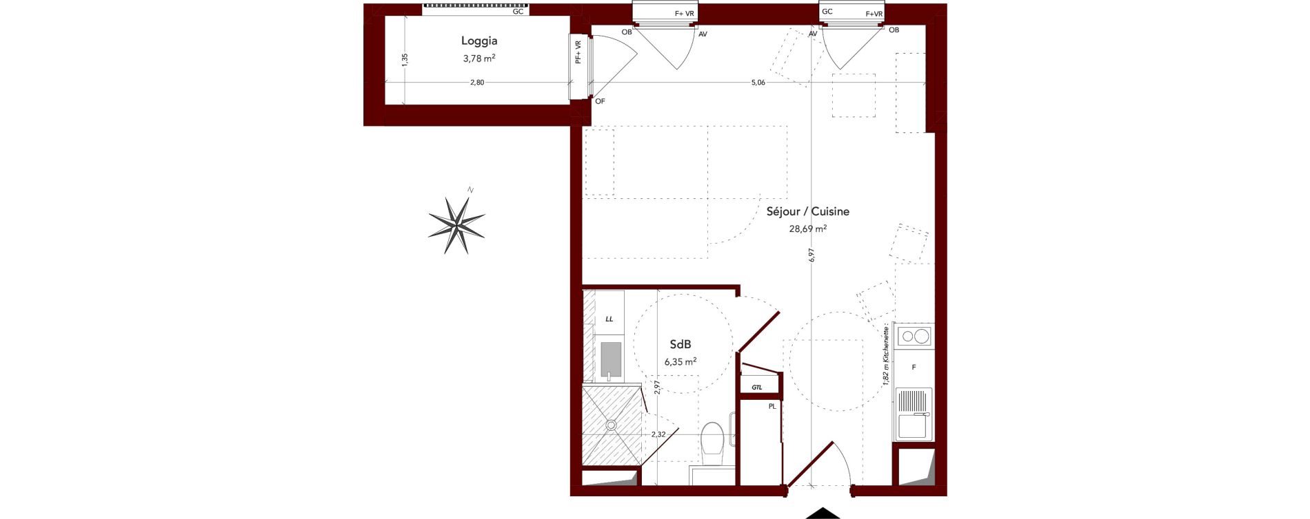 Appartement T1 meubl&eacute; de 35,04 m2 &agrave; Ploufragan Centre ville