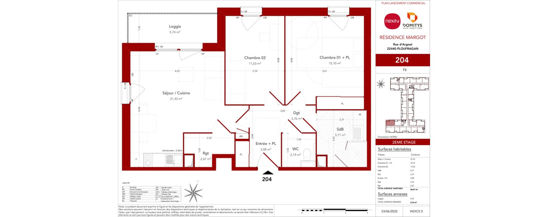 Appartement T3 meubl&eacute; de 64,97 m2 &agrave; Ploufragan Centre ville