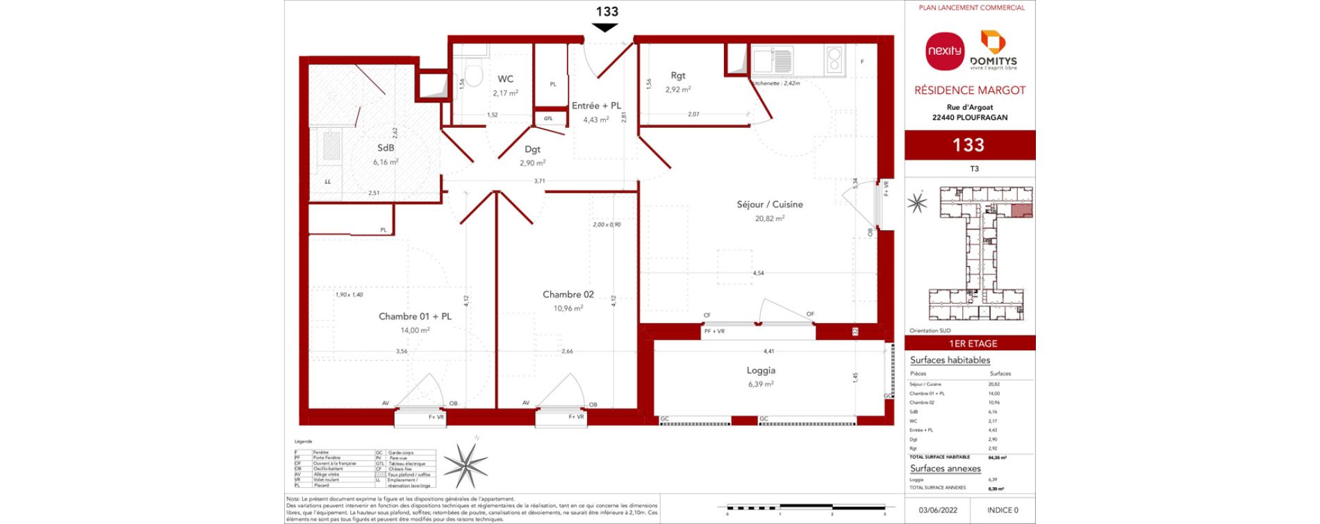 Appartement T3 meubl&eacute; de 64,36 m2 &agrave; Ploufragan Centre ville
