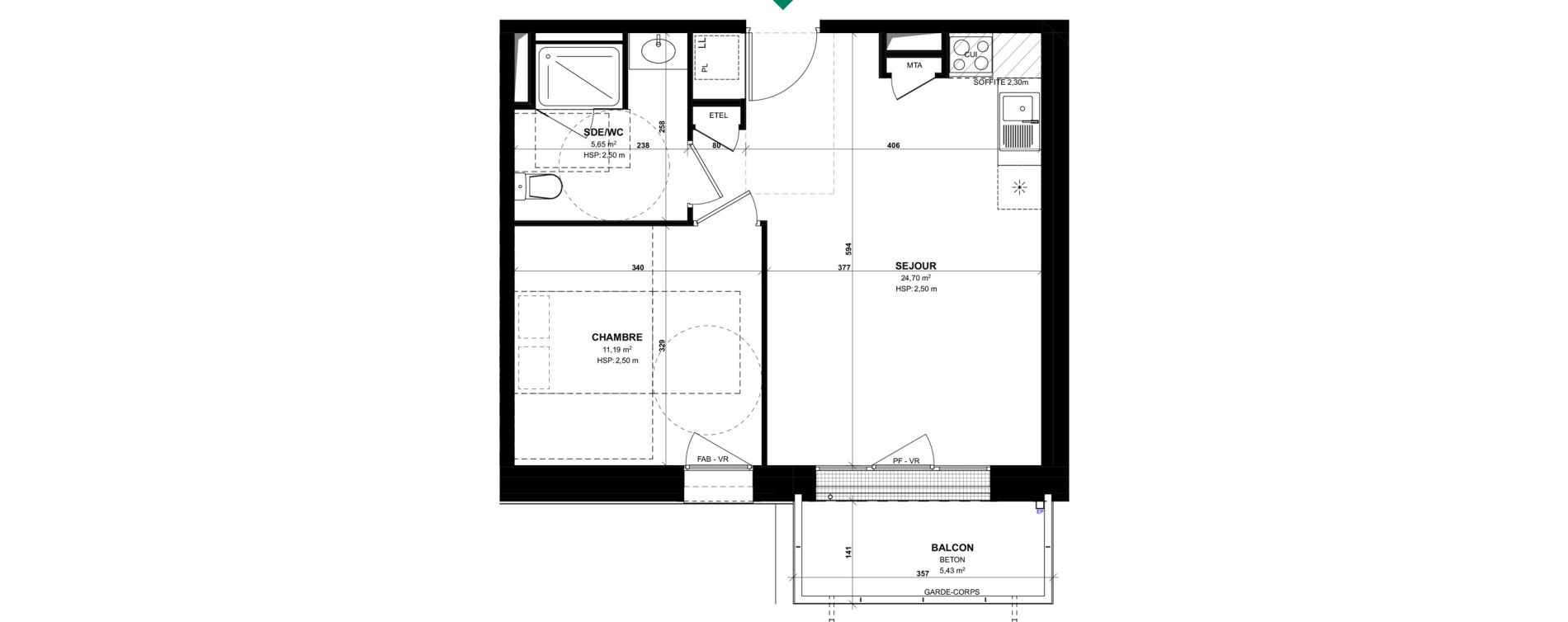 Appartement T2 de 41,54 m2 &agrave; Pordic C&ocirc;t&eacute; bleu