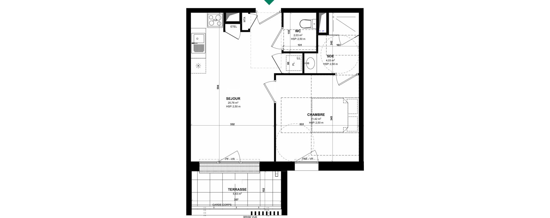 Appartement T2 de 38,26 m2 &agrave; Pordic C&ocirc;t&eacute; bleu