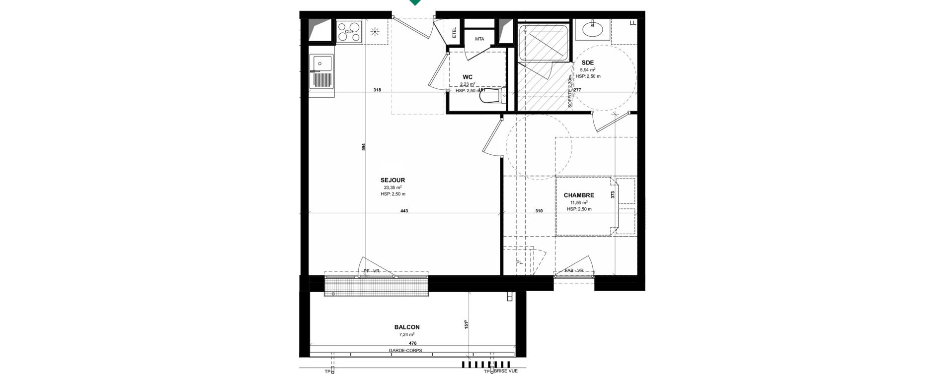 Appartement T2 de 43,08 m2 &agrave; Pordic C&ocirc;t&eacute; bleu
