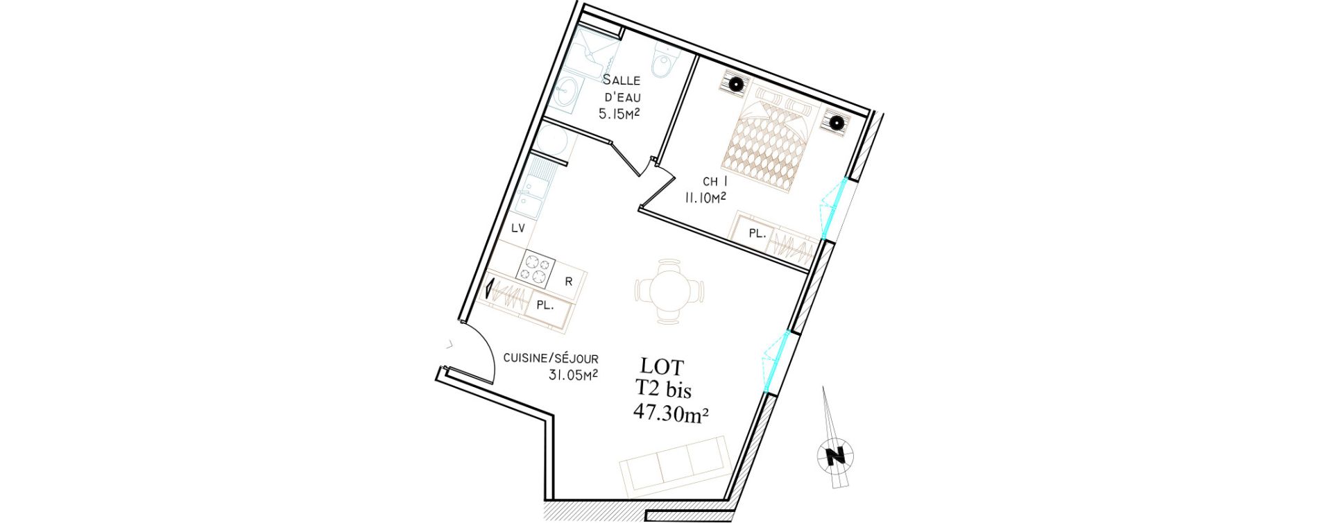 Appartement T2 de 47,30 m2 &agrave; Saint-Brieuc Centre
