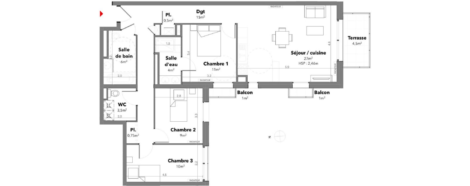 Appartement T4 de 84,75 m2 &agrave; B&eacute;nodet Centre