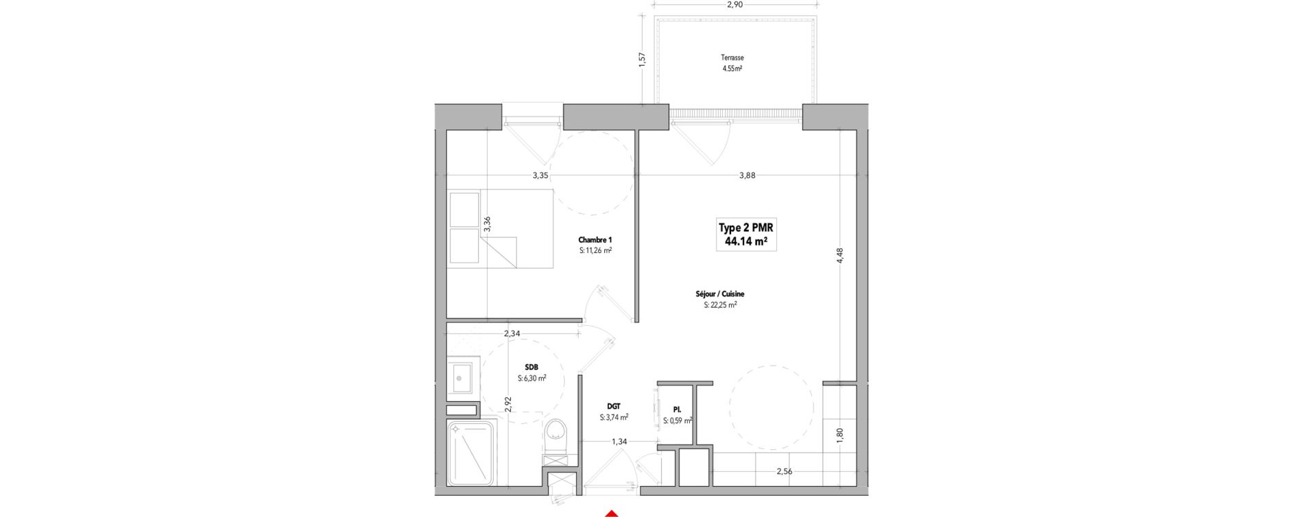 Appartement T2 de 44,14 m2 &agrave; B&eacute;nodet Centre