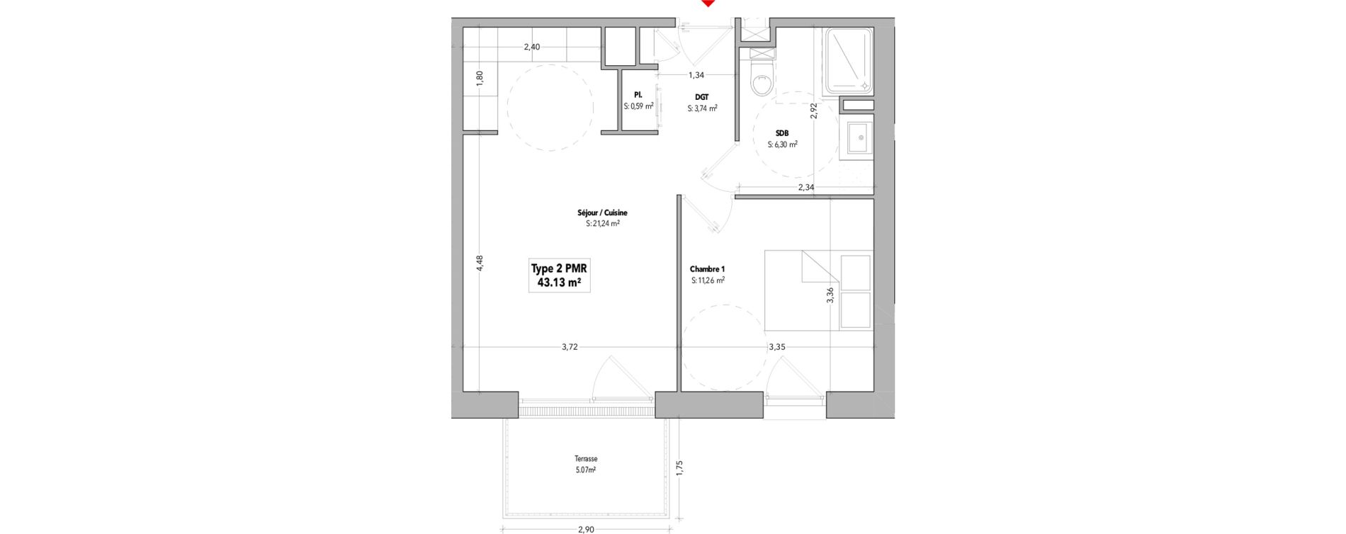 Appartement T2 de 43,13 m2 &agrave; B&eacute;nodet Centre