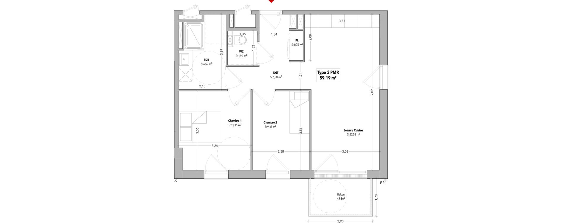 Appartement T3 de 59,19 m2 &agrave; B&eacute;nodet Centre