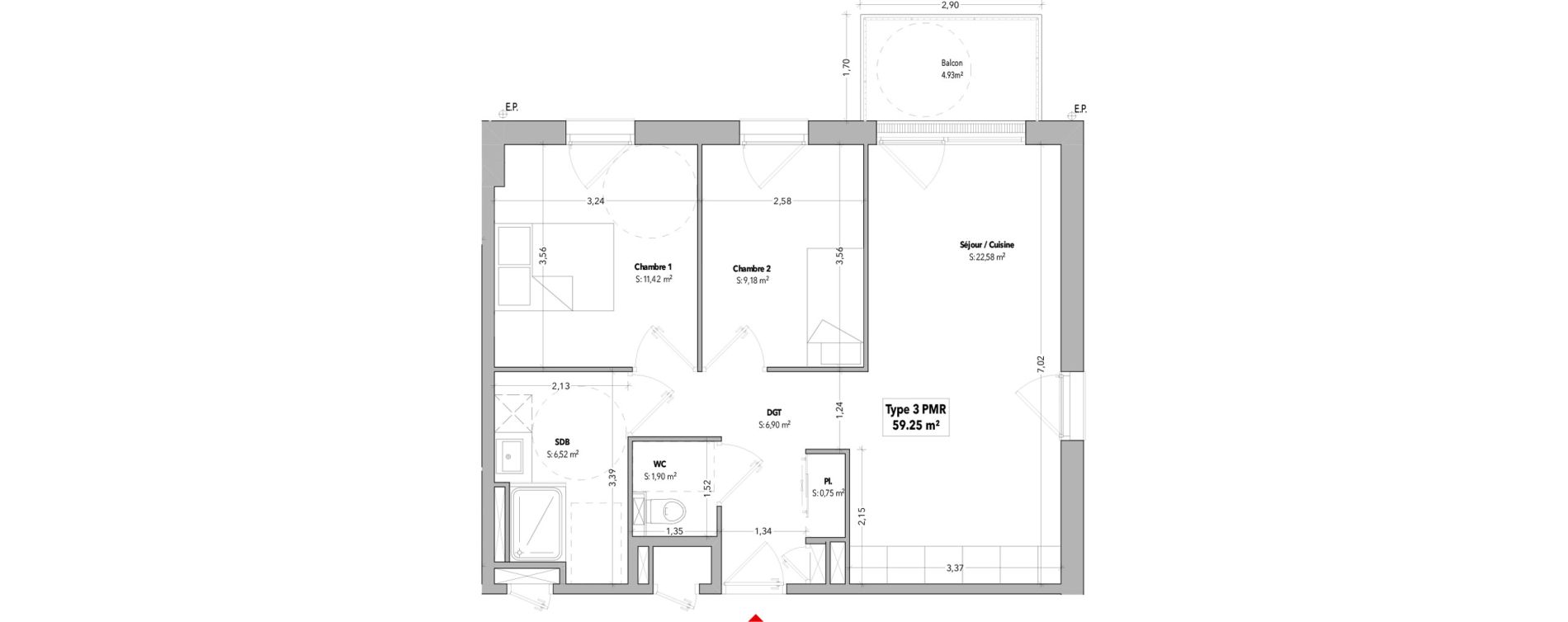 Appartement T3 de 59,25 m2 &agrave; B&eacute;nodet Centre