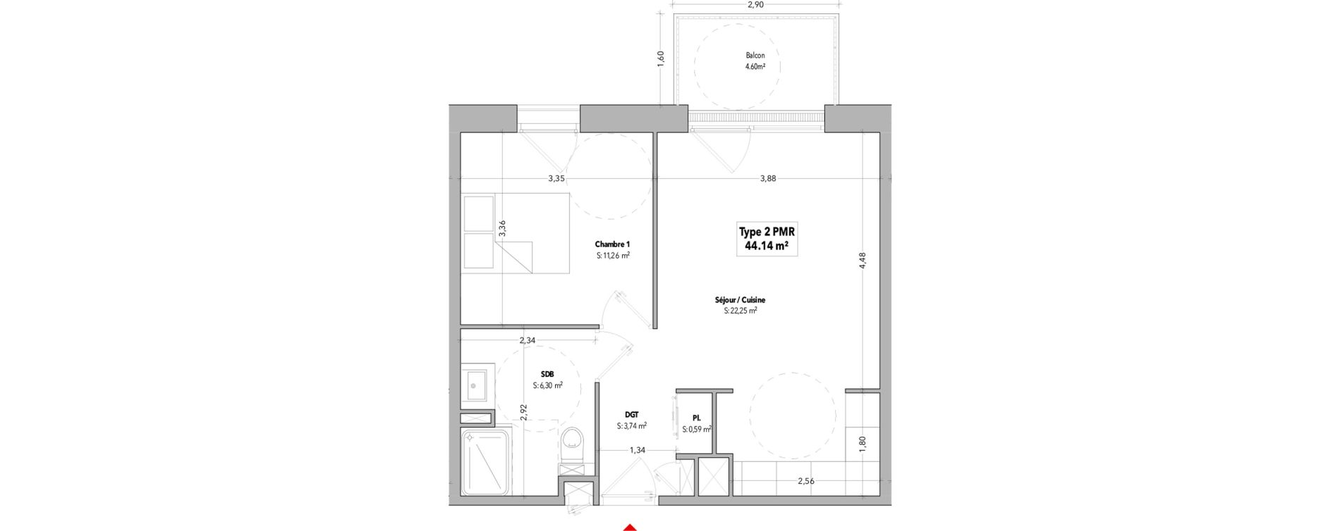 Appartement T2 de 44,14 m2 &agrave; B&eacute;nodet Centre