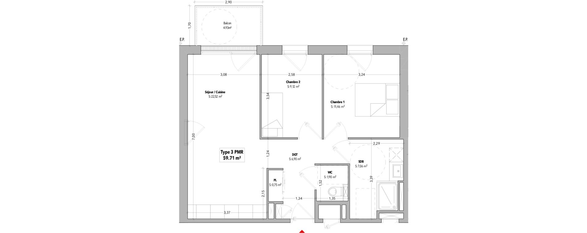 Appartement T3 de 59,71 m2 &agrave; B&eacute;nodet Centre