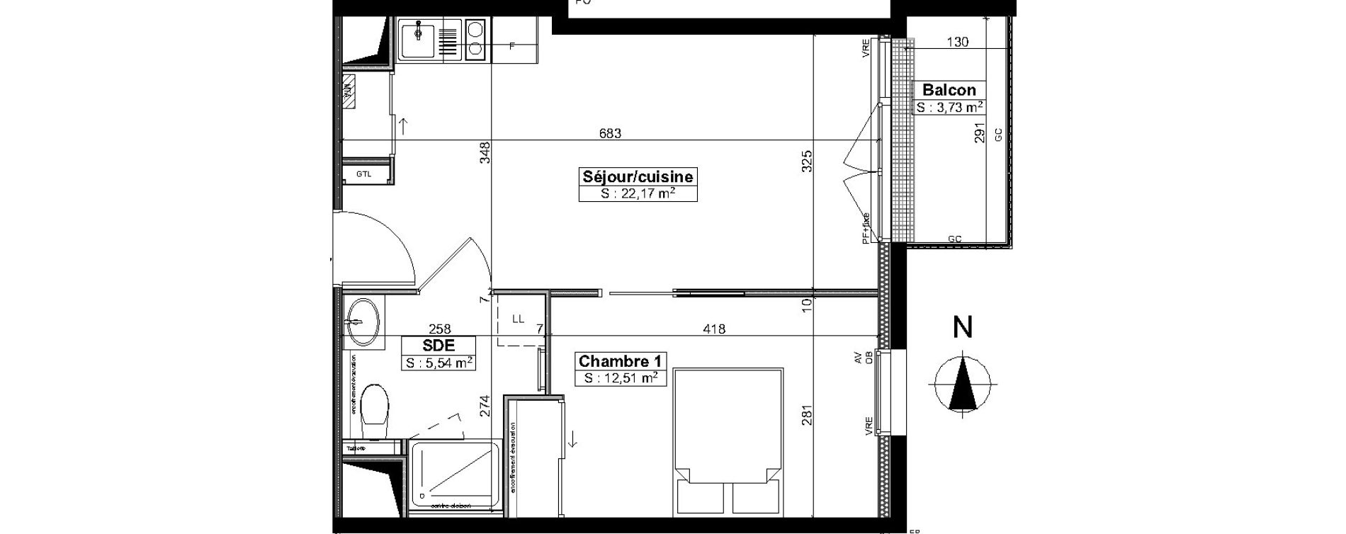 Appartement T2 meubl&eacute; de 40,20 m2 &agrave; Brest Saint pierre