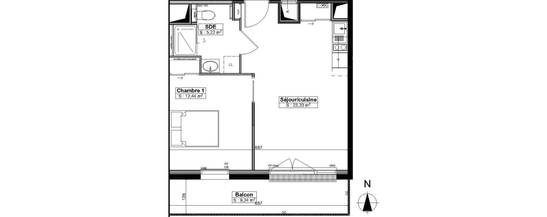 Appartement T2 meubl&eacute; de 41,00 m2 &agrave; Brest Saint pierre
