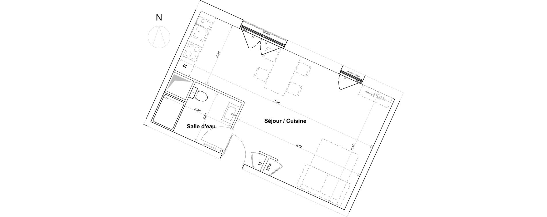 Appartement T1 bis de 34,27 m2 &agrave; Brest Bellevue