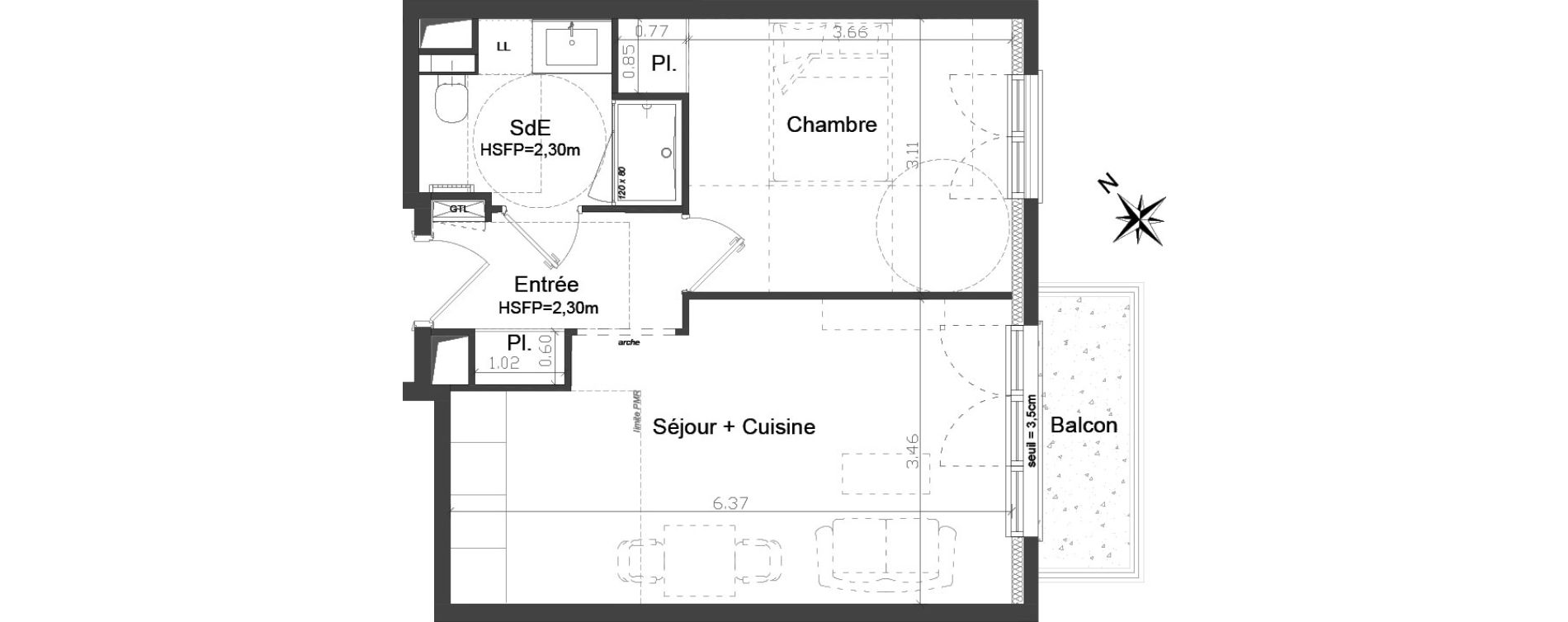 Appartement T2 meublé de 41,52 m2 à Brest Kerigonan