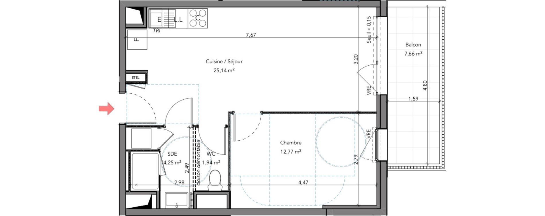 Appartement T2 de 44,10 m2 &agrave; Crozon Centre