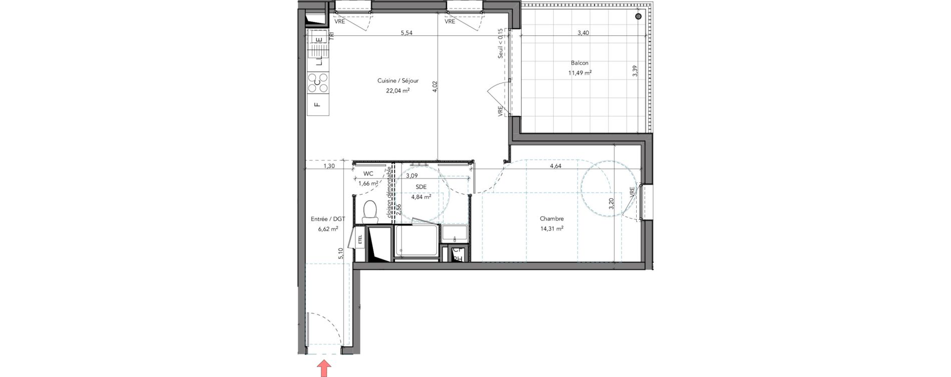 Appartement T2 de 49,47 m2 &agrave; Crozon Centre