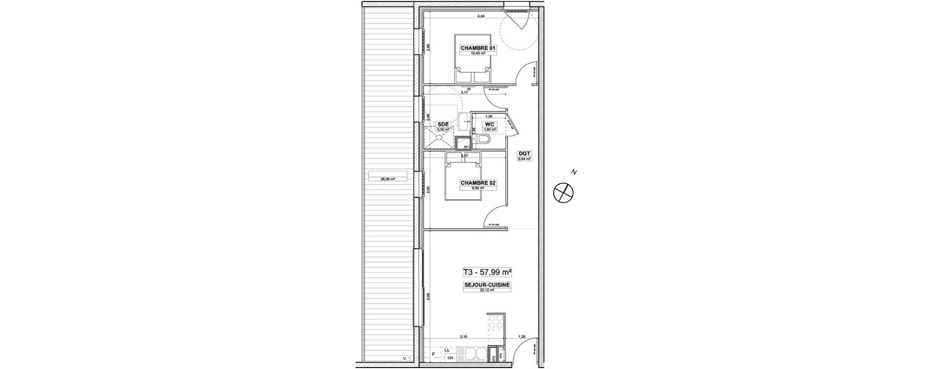Appartement T3 de 57,99 m2 &agrave; Ergu&eacute;-Gab&eacute;ric Centre