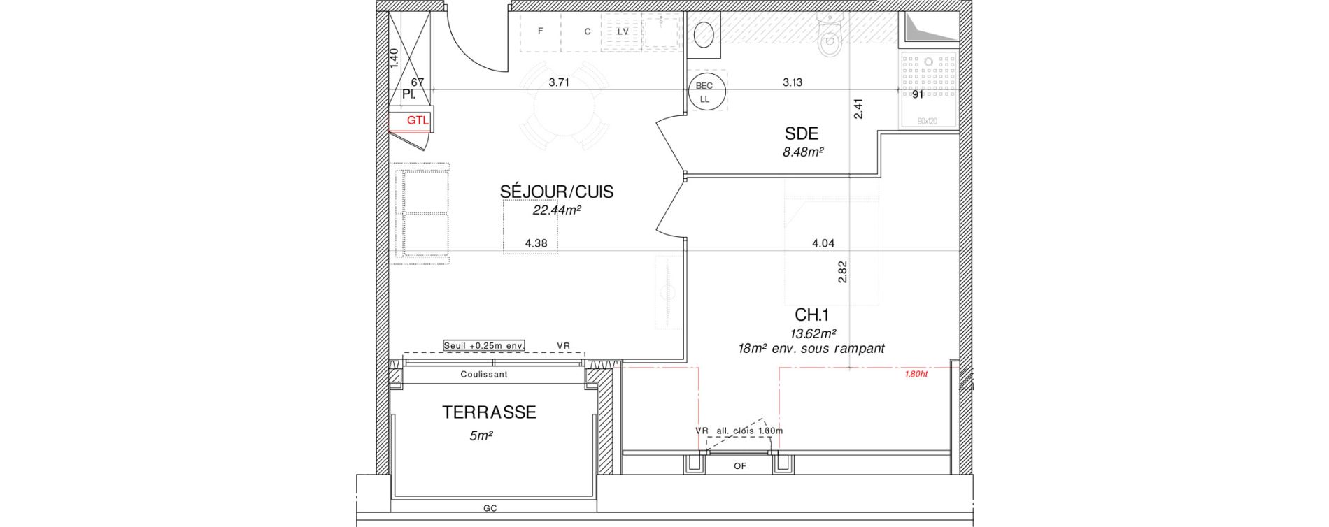 Appartement T2 de 44,01 m2 &agrave; Pont-L'Abb&eacute; Centre