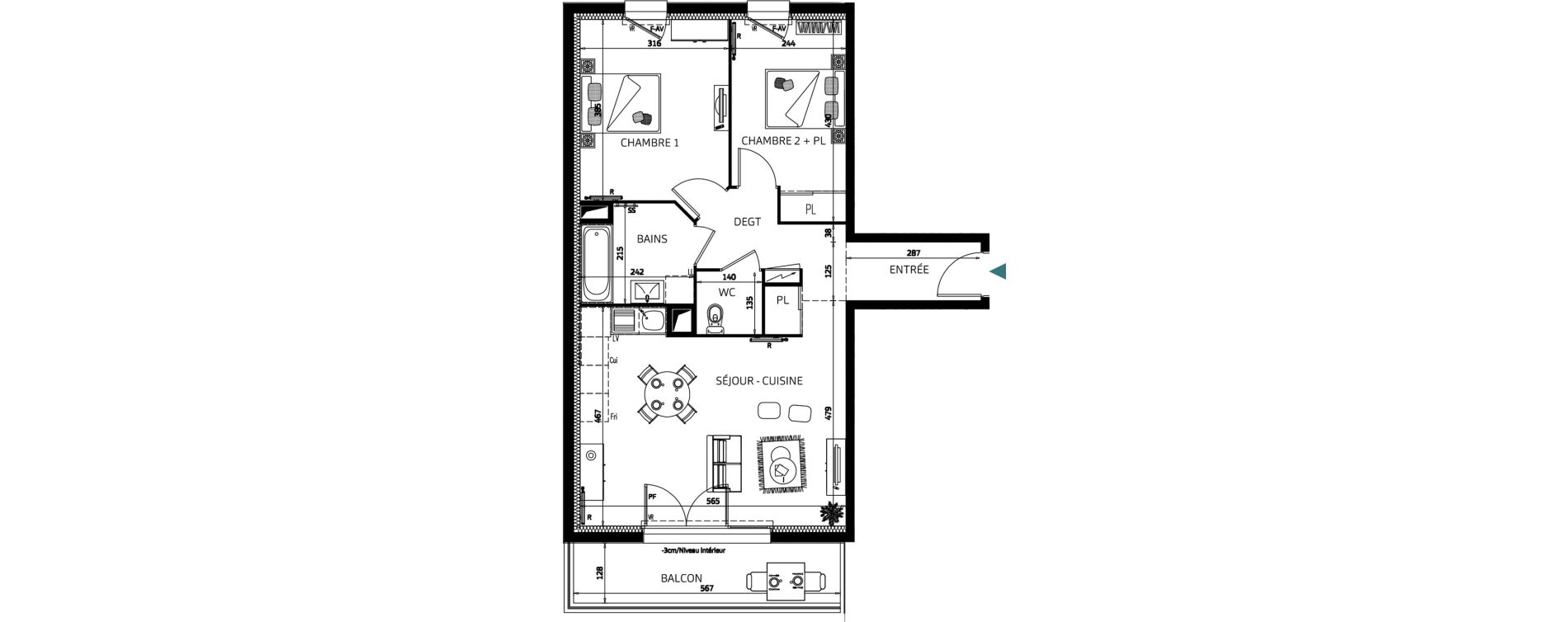 Appartement T3 de 62,42 m2 &agrave; Quimper Penvillers - m&eacute;tairie neuve