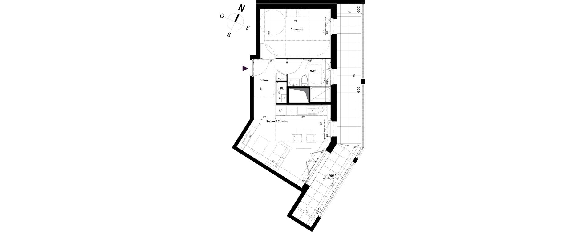 Appartement T2 de 41,12 m2 &agrave; Ch&acirc;teaubourg Centre